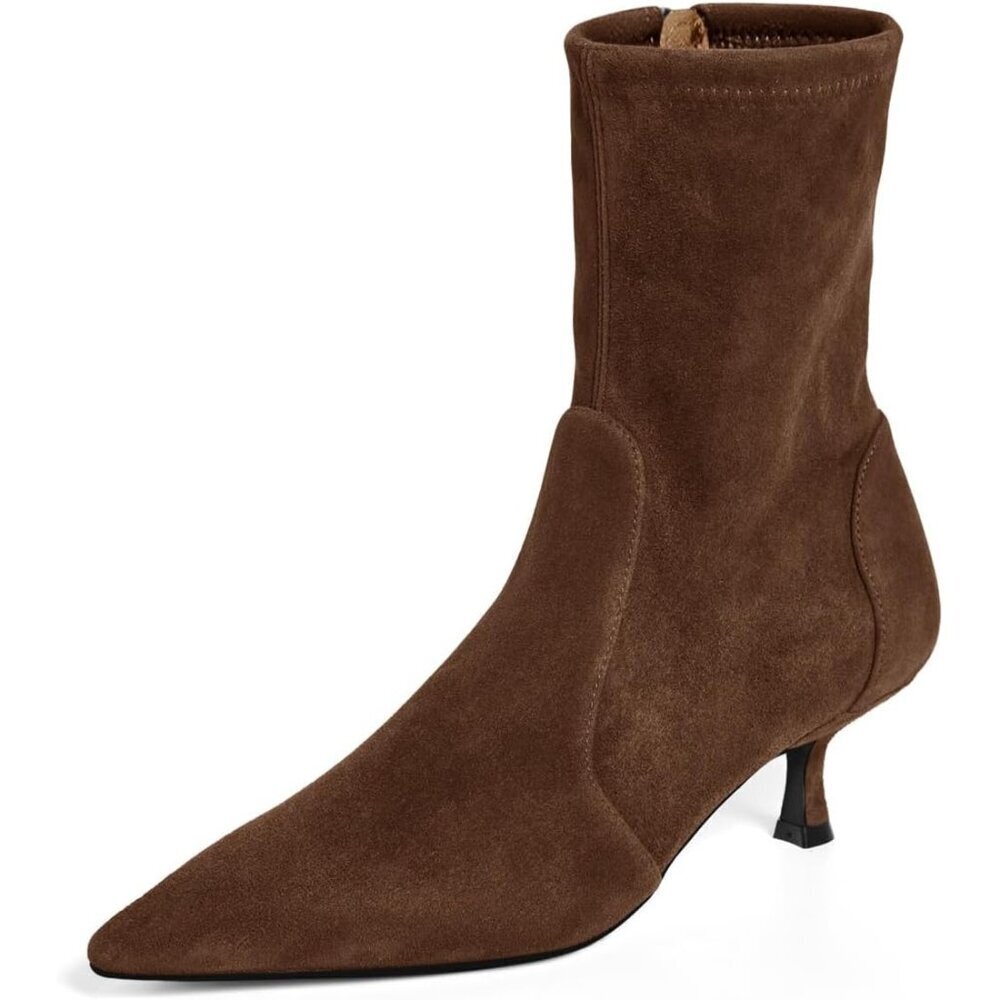 Women's Dark Brown Low Kitten Heel Ankle Shoes Pointed Toe Side Zipper Fall Boot